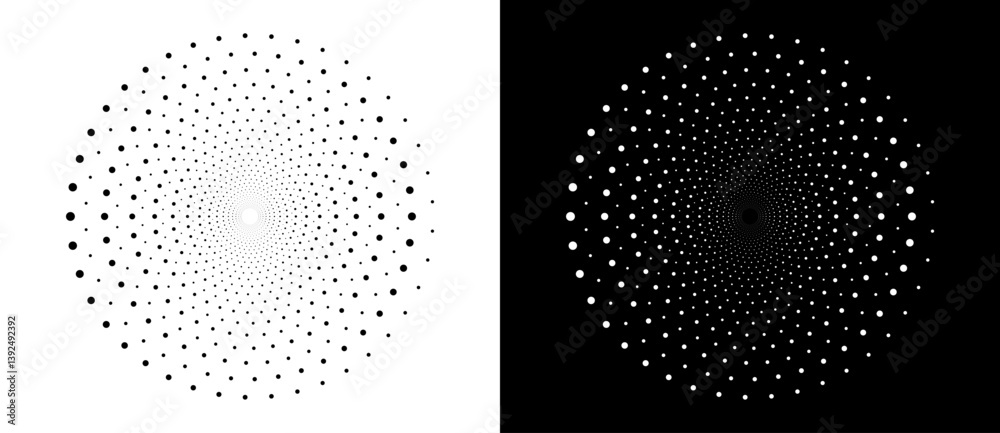 Poster Modern abstract background. Halftone dots in circle form. Round logo, design element or icon. Vector dotted frame. A black figure on a white background and an equally white figure on the black side.