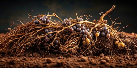 Brown grapevine tree roots sprawling underground in dark soil and decomposing wood, landscape, tree roots