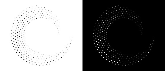 Modern abstract background. Halftone dots in spiral form. Round logo, design element or icon. Vector dotted frame. A black figure on a white background and an equally white figure on the black side.