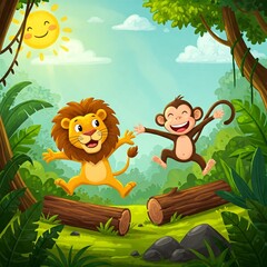 Naklejka premium A cartoon lion and a monkey explore the jungle together, jumping over logs and laughing under the bright sunny sky.