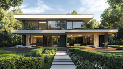 Modern house with manicured green hedges and sleek design