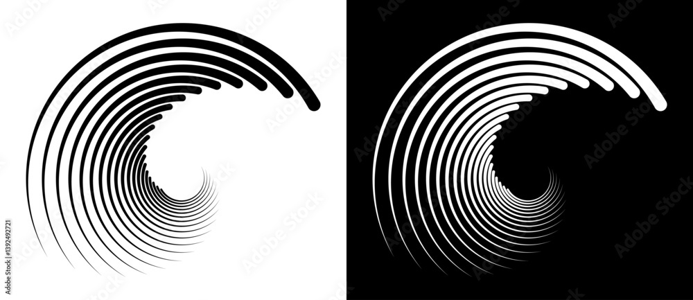 Fototapete Abstract background with lines in circle  form. Art design spiral as logo or icon. A black figure on a white background and an equally white figure on the black side.