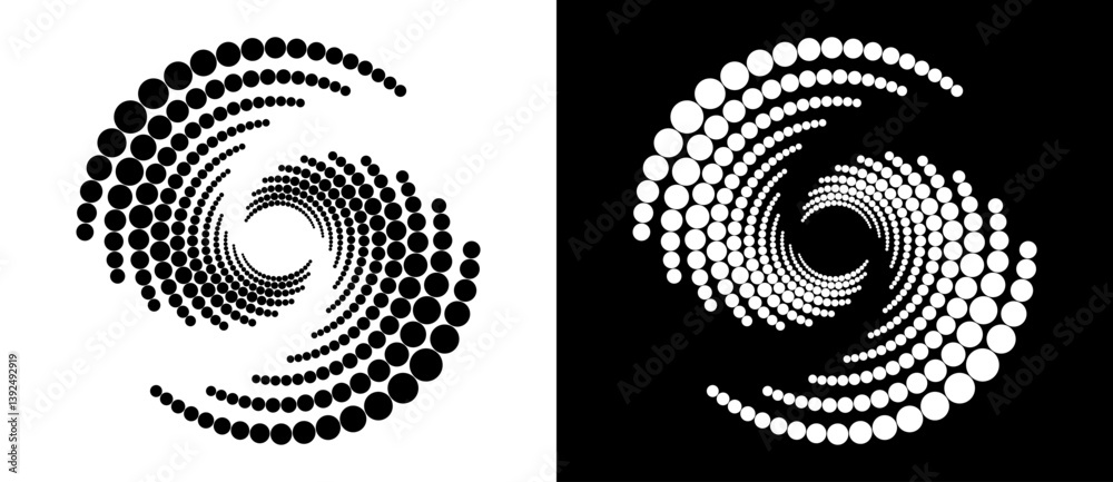 Leinwandbilder Circle abstract background with dynamic halftone dots in spiral. Yin and yang style. Black shape on a white background and the same white shape on the black side.