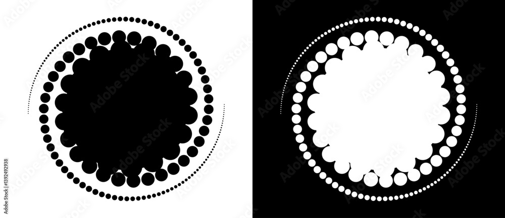 Aufkleber Circle abstract background with dynamic halftone dots in spiral. Yin and yang style. Black shape on a white background and the same white shape on the black side.