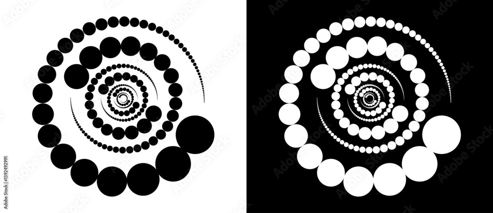 Leinwandbilder Circle abstract background with dynamic halftone dots in spiral. Yin and yang style. Black shape on a white background and the same white shape on the black side.