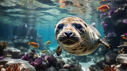 a sea lion swimming in the ocean surrounded by colorful corals and other sea life