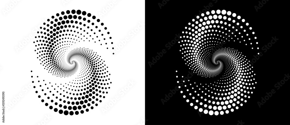 Aufkleber Circle abstract background with dynamic halftone dots in spiral. Yin and yang style. Black shape on a white background and the same white shape on the black side.