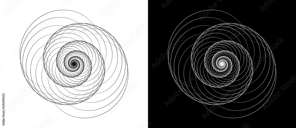 Poster Spiral with lines as dynamic abstract vector background or logo or icon. Yin and Yang symbol. Black spiral on white background and white spiral on black background.