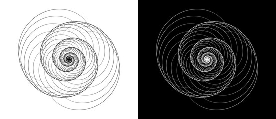 Spiral with lines as dynamic abstract vector background or logo or icon. Yin and Yang symbol. Black spiral on white background and white spiral on black background.