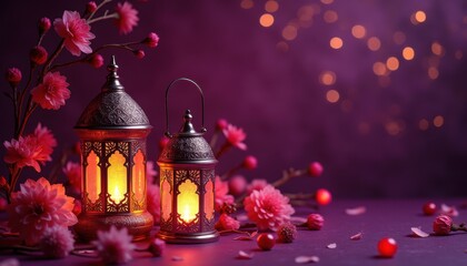 Arabic Magical Lantern with Cherry Blossoms. Ramadan Eid Mubarak Illustration.