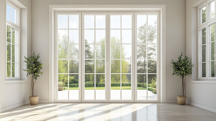 Fototapeta premium Bright room with large white French doors opening to garden view
