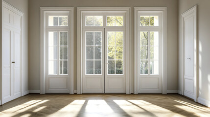 Obraz premium Elegant room with white French doors opening to sunny view