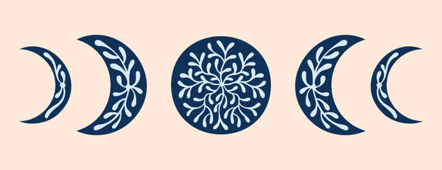 floral moon phase trendy celestial shapes with plant leaves. silhouette half moon crescent vintage logo design. mystical moon element © Yanka