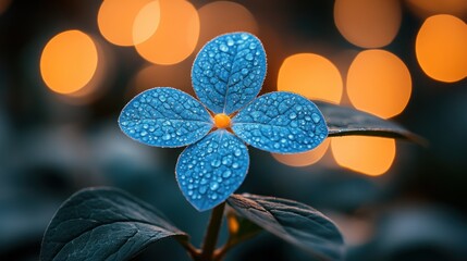 Fototapeta premium Delicate blue flower with water droplets, illuminated by warm lights
