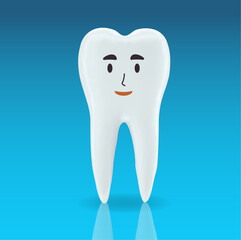 3d tooth character isolated on a blue background. Realistic tooth smiling character