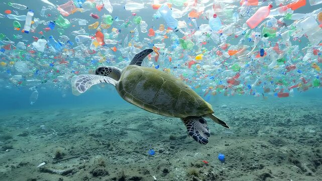 A sea turtle swims underwater, while a large amount of plastic trash floats above it near the surface. A sad image illustrating the problem of ocean pollution and its threat to marine life.