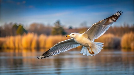 Fototapeta premium A majestic Caspian gull soars above a serene lake's surface, its wings outstretched as it glides effortlessly on thermals, avian beauty, soaring birds
