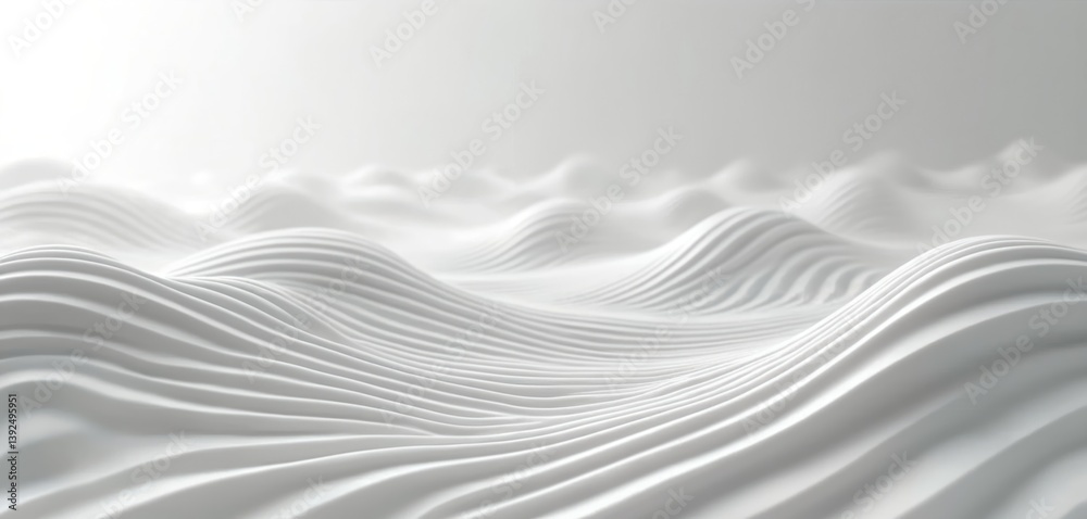 Poster Abstract white wavy background with stripes. 3D render of smooth lines creating modern design. Minimalist white pattern with waves, for digital art, graphic design, or wallpaper.