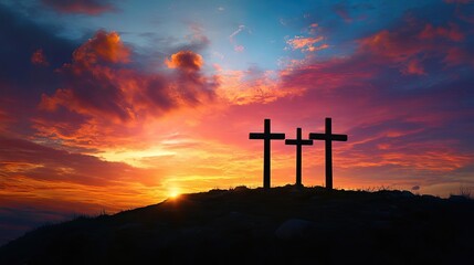 Silhouette of crosses against a colorful sunset.