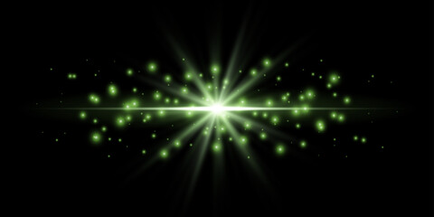 Green horizontal lensflare. Light flash with rays or green spotlight. Glow flare light effect. Vector illustration. Isolated on dark background.