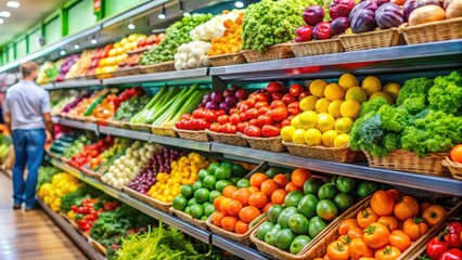 Obraz premium Vibrant colorful fruits and vegetables on a supermarket shelf with customers selecting healthy options, fruit selection, fruits