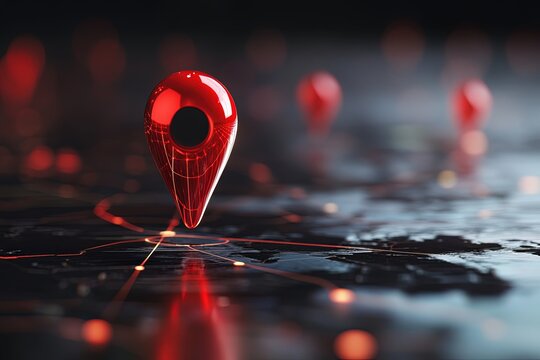 Sleek red pointer above futuristic digital street layout. Stylized location concept with minimal glow elements and rich depth. Great for mapping tech and UX/UI themes.