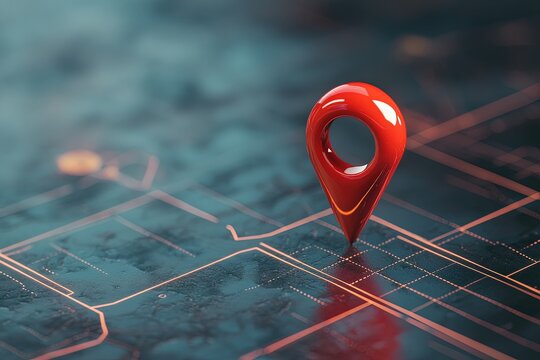 Futuristic city map interface with 3D red location icon. Tech-themed illustration with glowing lines and digital texture. Designed for navigation, apps, and AI mobility.