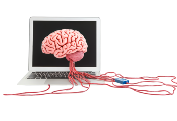 brain connected to a laptop isolated on transparent background