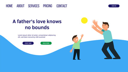 Web page design with father and his son. Fatherhood, Parenthood, Childhood, Father's Day Happy family concept. Vector Illustration for poster, banner, website
