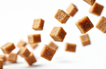 Close-up cat food pieces fly against white backdrop. Cubes, small, textured, in motion, wet, dog food, animal food. Concept nutrition, feeding, pet food, snack.