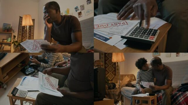 Split screen of African American man stressing about past due bills and getting support from his son
