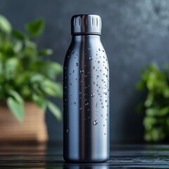 A stylish water bottle with a glossy surface and condensation drips 