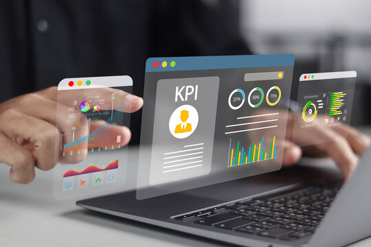 KPI key performance indicator concept. KPI tracking, assessing metrics analysis. Analyst use laptop monitoring key performance indicators on dashboard.