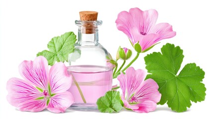 A bottle of Geranium essential oil with a pink geranium study