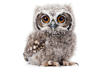 Fototapeta premium a small owl with big orange eyes sitting on a white surface