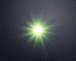 Green sunlight lens flare, sun flash with rays and spotlight. Glowing burst explosion on a transparent background.  Vector illustration.