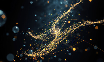 mesmerizing abstract representation of subatomic particles, showcasing swirling golden trails and luminous orbs against dark background, evoking sense of wonder and exploration