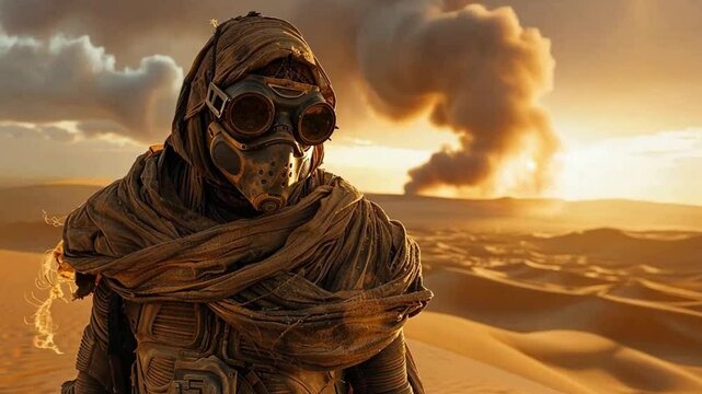 Exploring the desolate desert landscape with a nomadic figure in apocalyptic attire at sunset