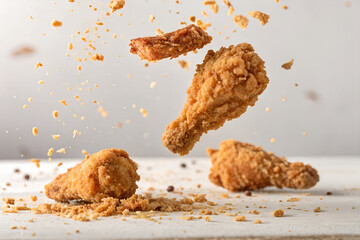 Mid-Air Fried Chicken Shot – Crispy Detail on Clean Dark Background.