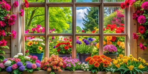 Vibrant flower-filled window , botanical garden, colorful blooms