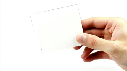 Obraz premium Professional hand presenting blank business card mockup on white background, clean corporate identity concept.