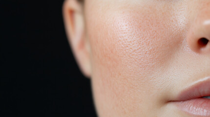 Extreme close up of woman cheek and jawline with visible skin texture and pores, highlighting natural beauty and skin health