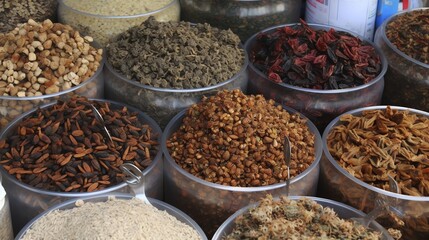 Fototapeta premium A vibrant collection of dried spices and herbs sits in clear bowls at a market stall The warm colors and earthy textures create a feeling of abundance Perfect for food and lifestyle blogs