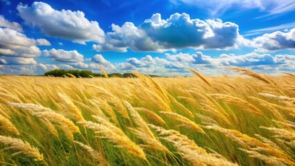 Lush meadow of golden timothy grass hay swaying gently in a warm summer breeze under a bright blue sky with fluffy white clouds, nature, lush green