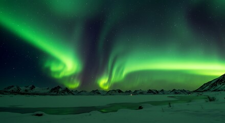 Naklejka premium Stunning spectacle of bright lights creating green swirls above a snowy winter landscape. 