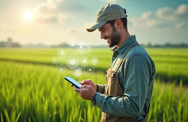 Smart farmer uses smartphone in rice field, controls agriculture, technology product. Rice production control, future trading world market, track productivity. Smart farming concept, eco-friendly