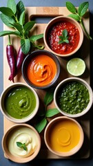 Wooden board with a variety of condiments including mustard, ketchup, and mayonnaise