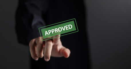 Person touching Approved stamp icon sign. Approved or accepted, document approval, project assessment evaluation acceptance and quality assurance.