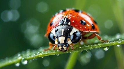 A close-up photo of a ladybug covered in water droplets on a grass blade during a rainfall
