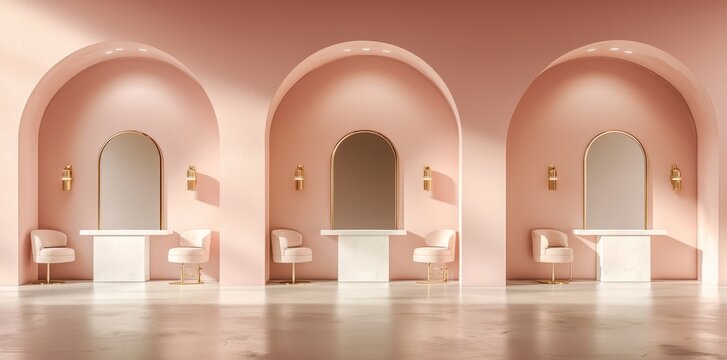Digital illustration of a modern beauty parlor with a stylish pink hair salon interior, professional hairdresser tools, and gold accents